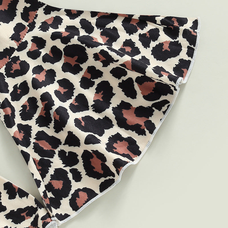 Wholesale Cotton Children's Flying Sleeve Top Leopard Print Bell Bottoms Two-piece Set